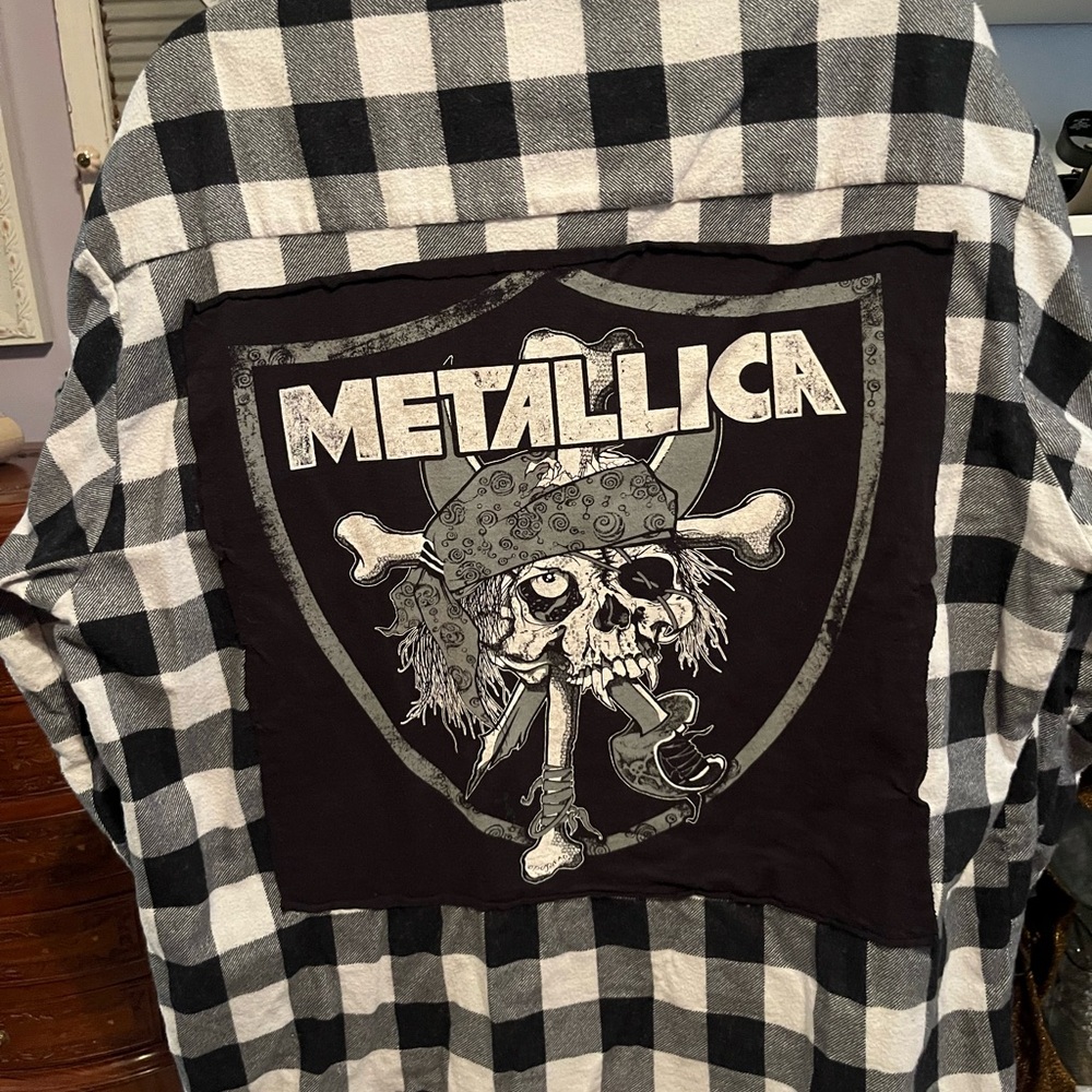 One of a Kind, handmade Metallica Black and White Checkered Men's Flannel XL